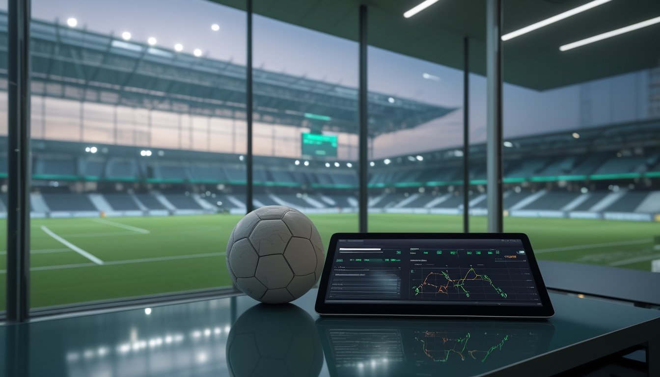 Analis olahraga Asia Tenggara membahas data pertandingan sepak bola di studio modern dengan stadion dan bendera negara-negara kawasan di latar belakang.