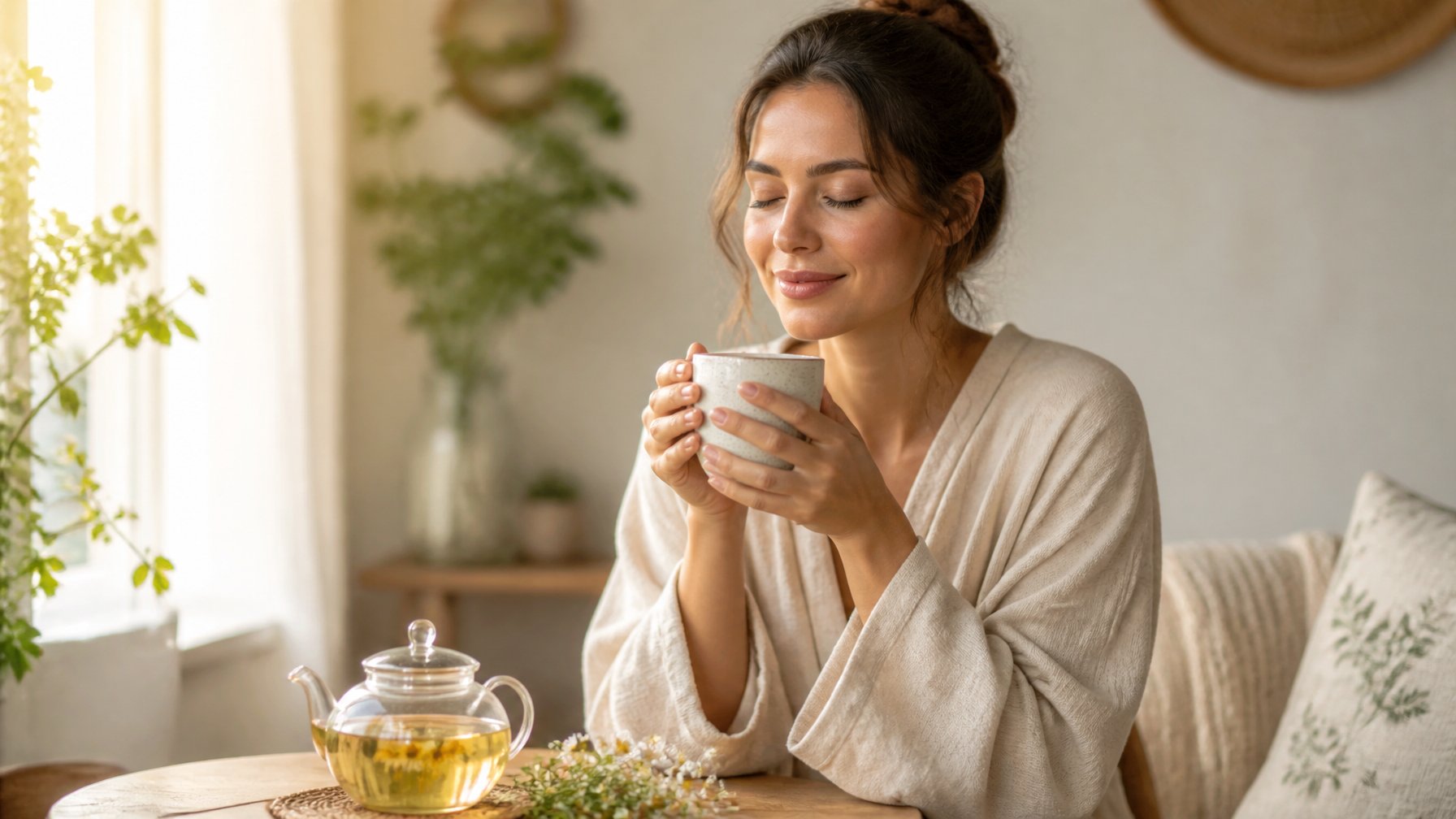 A relaxed woman holds a warm cup of chamomile tea in a peaceful home setting.
