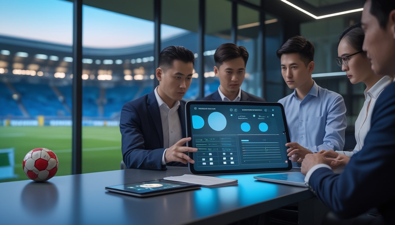 Sekelompok profesional Asia Tenggara menilai data sepak bola di ruang kerja modern dengan stadion terlihat di latar belakang.