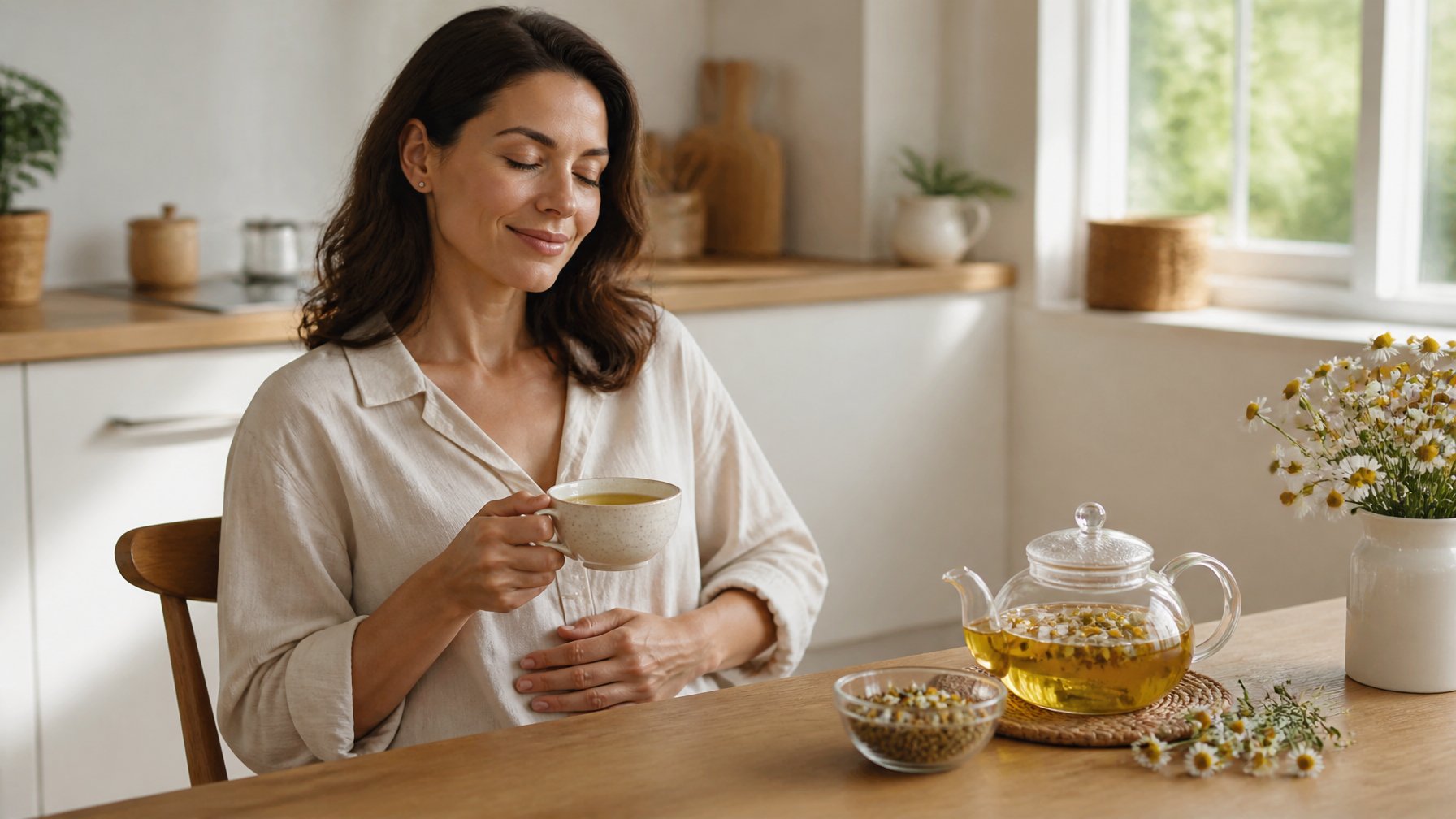 Woman calmly holding a cup of chamomile tea at a kitchen table with chamomile flowers nearby.