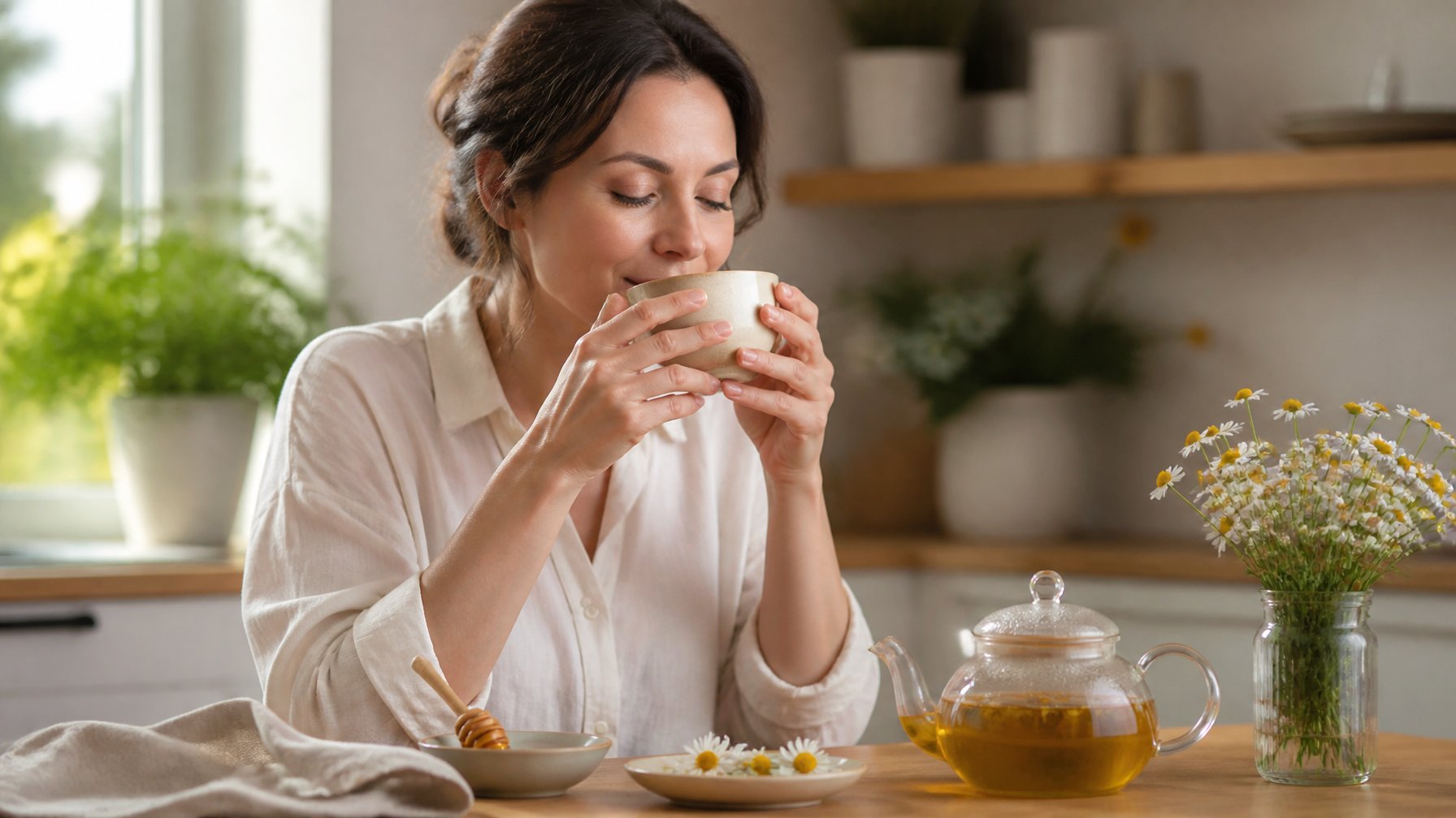 A woman calmly sipping chamomile tea at a kitchen table with chamomile flowers nearby.