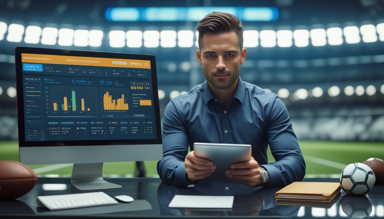 Analis meninjau statistik pertandingan sepak bola di tablet dalam ruang kerja modern.