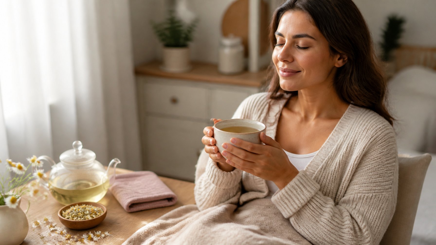 Woman relaxing with a mug of chamomile tea beside chamomile flowers and a warm heating pad.