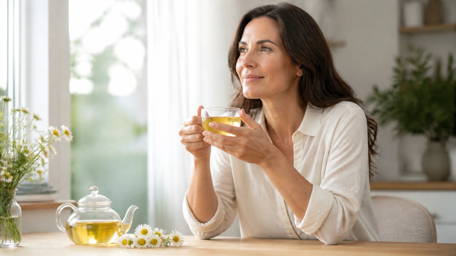 Woman relaxing with a cup of chamomile tea beside loose chamomile flowers.