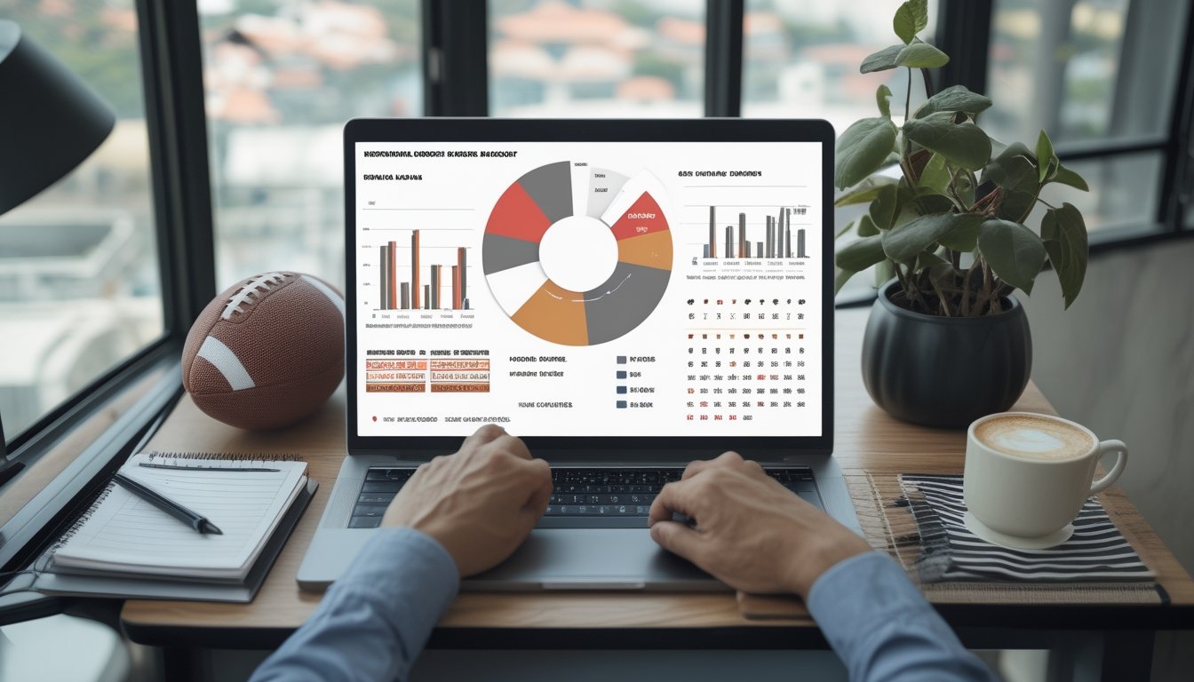 Seorang analis olahraga Indonesia memeriksa statistik sepak bola di meja kerja dengan laptop, tablet, bola, dan catatan kosong.