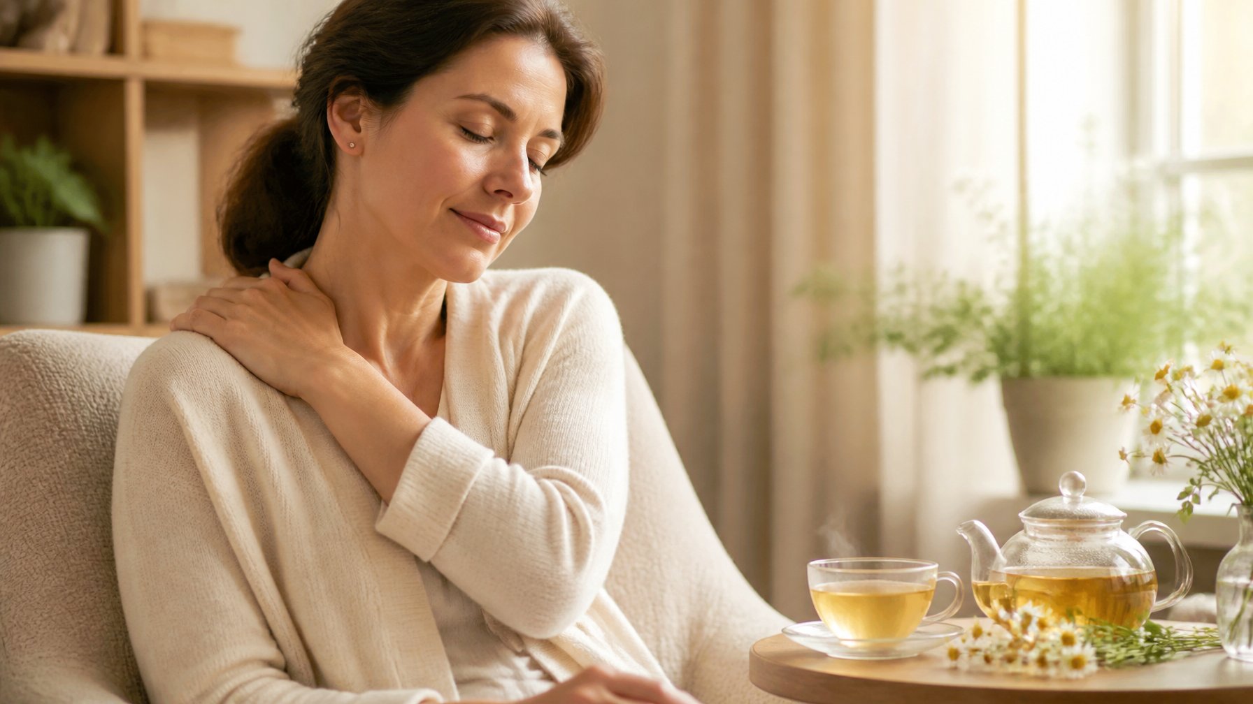 A relaxed woman rests her hand on her shoulder beside a steaming cup of chamomile tea.
