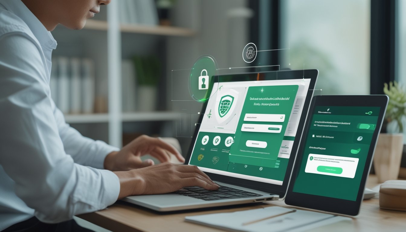 Seseorang memeriksa platform taruhan sepak bola yang aman di laptop dengan simbol perisai dan gembok.