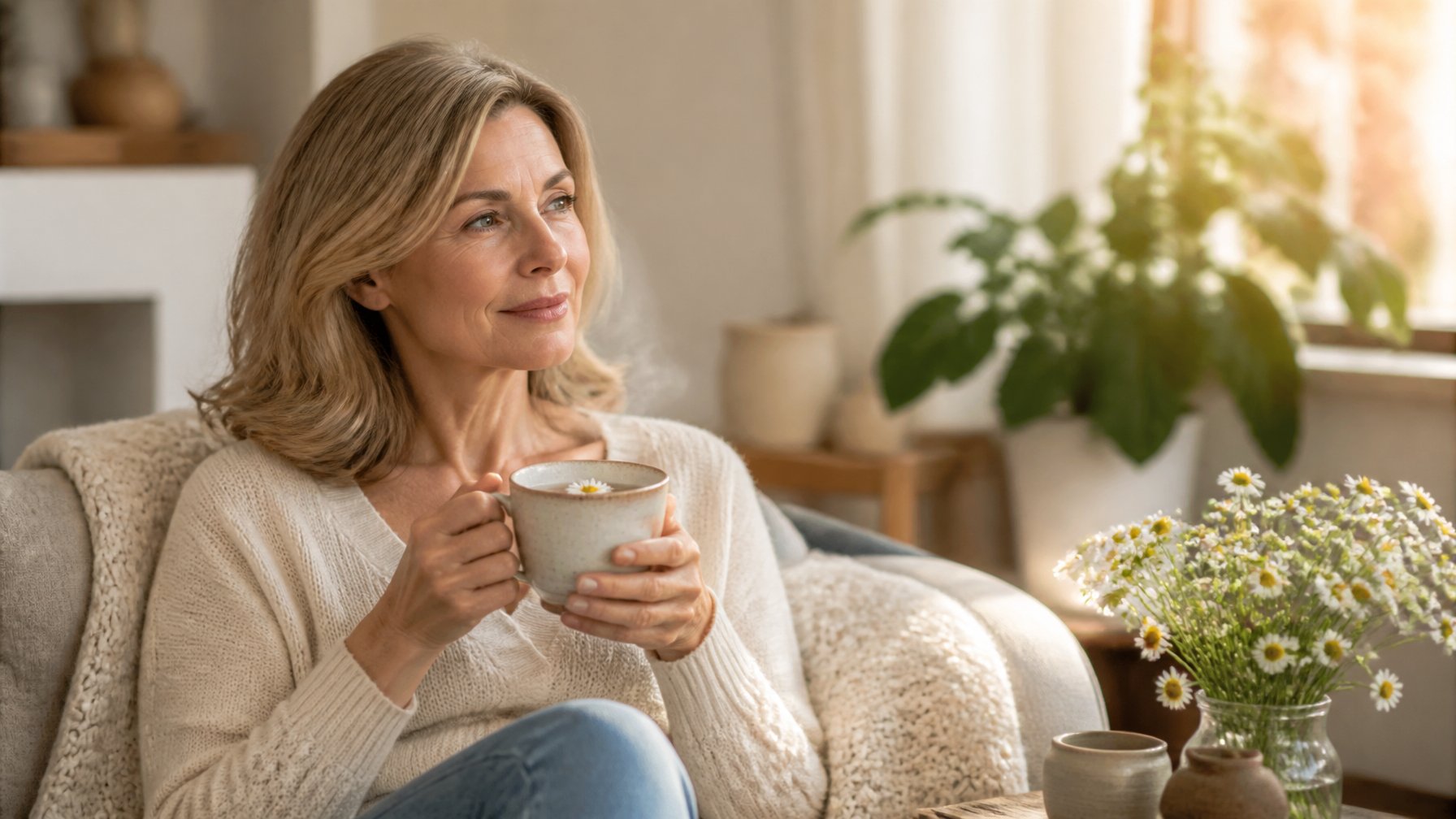 A mature woman calmly enjoying a cup of chamomile tea in a bright, peaceful home.