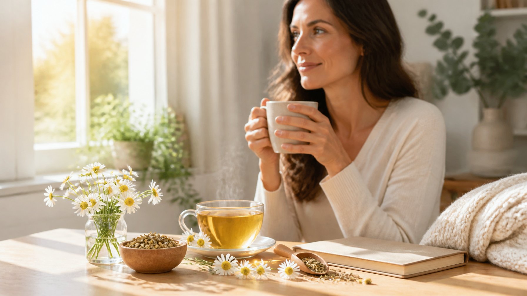 Woman relaxing with a cup of chamomile tea and chamomile flowers in a bright home setting.