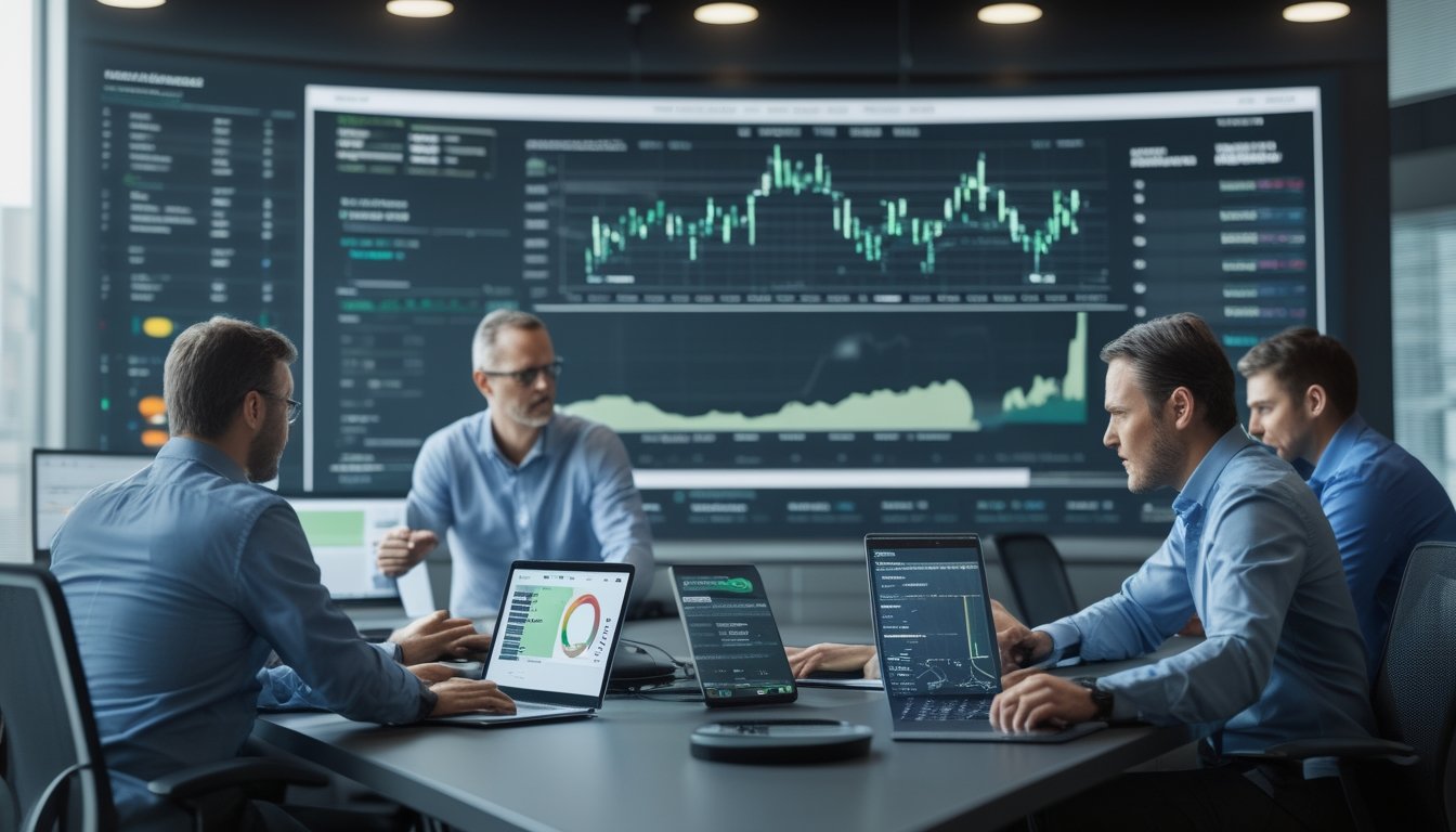 Sekelompok analis mempelajari data olahraga dan grafik peluang di ruang kerja modern.