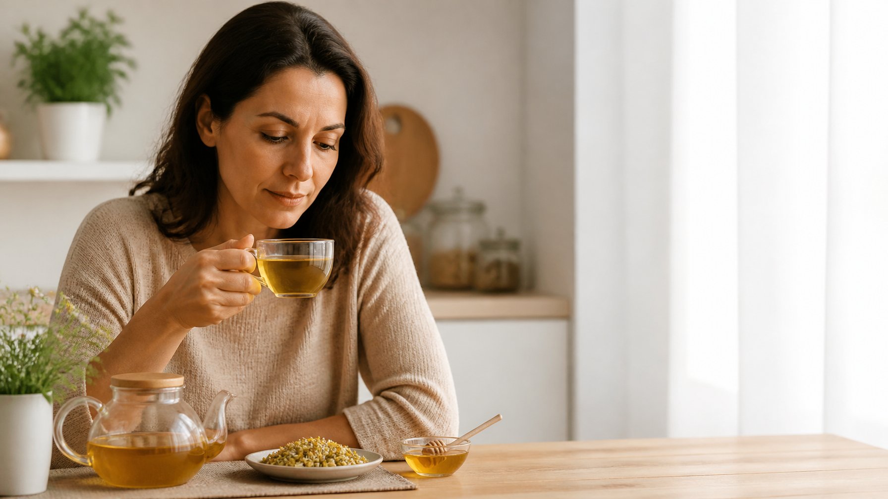 Woman thoughtfully examining a cup of chamomile tea beside dried chamomile flowers.