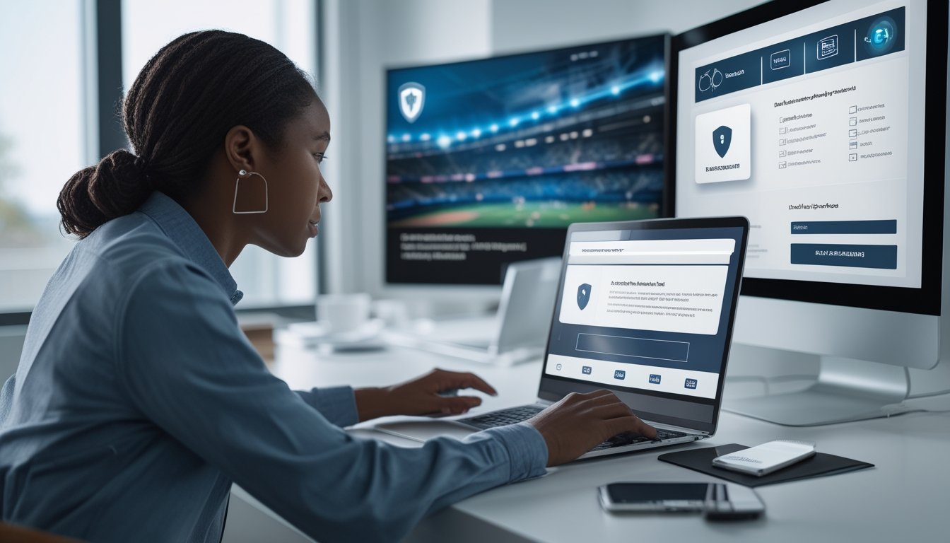 Orang dewasa membandingkan platform taruhan olahraga aman di laptop dan ponsel dengan simbol perisai serta gembok digital.