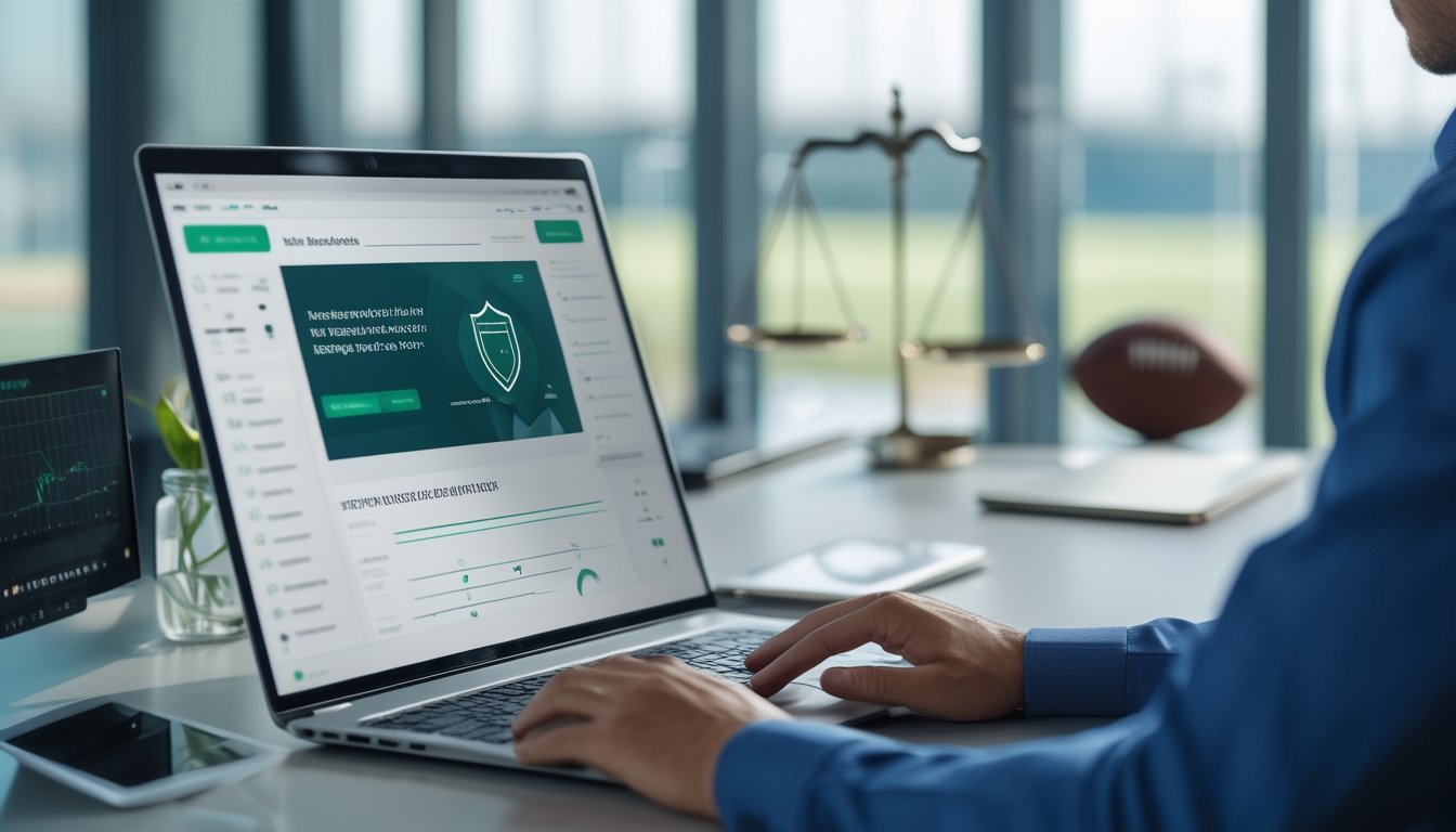 Profesional meninjau platform olahraga daring dengan laptop, ikon keamanan, dan simbol legalitas di kantor modern.