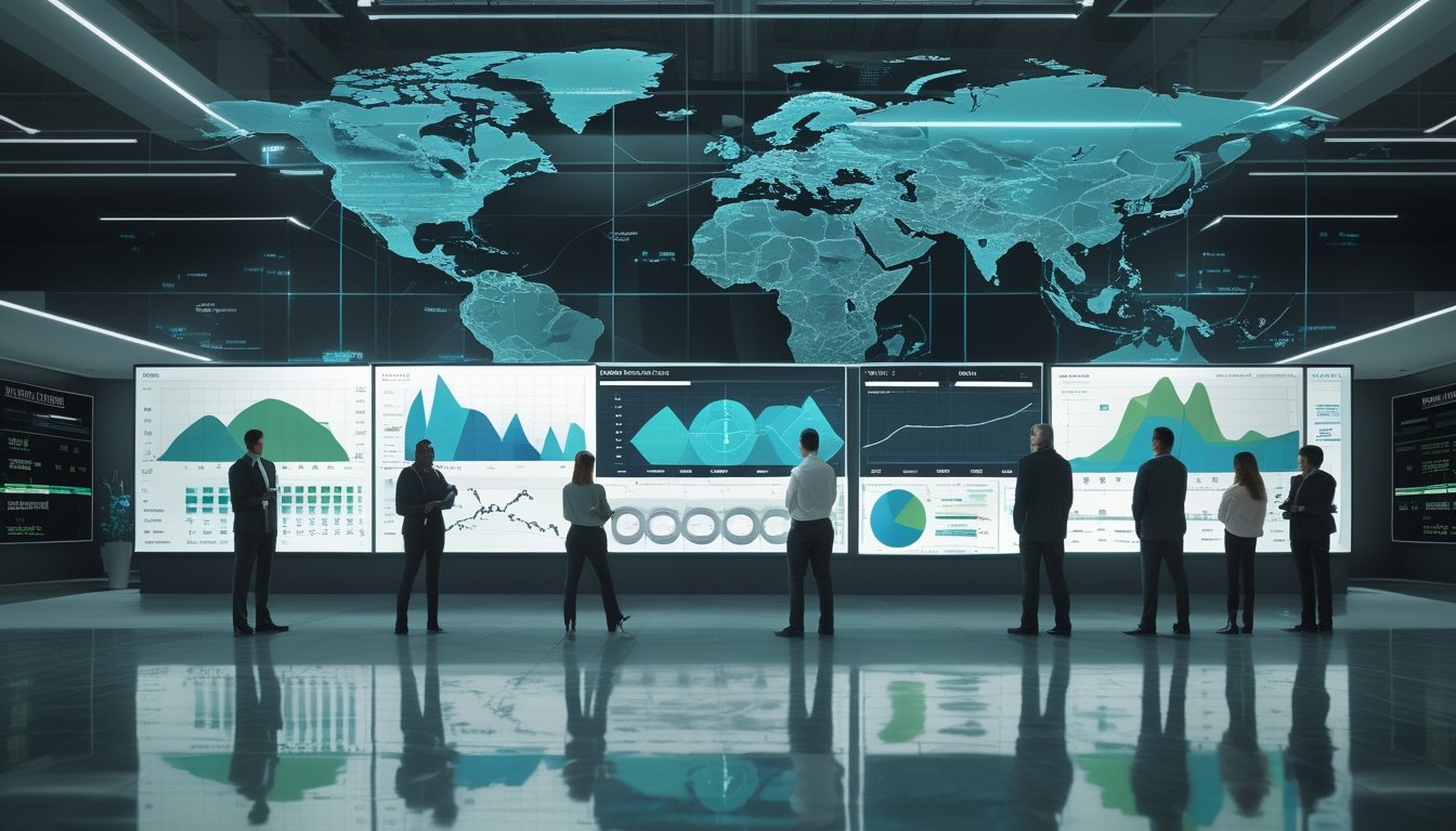 Tim analis mempelajari grafik tren pasar olahraga global dan lokal di ruang kerja modern.