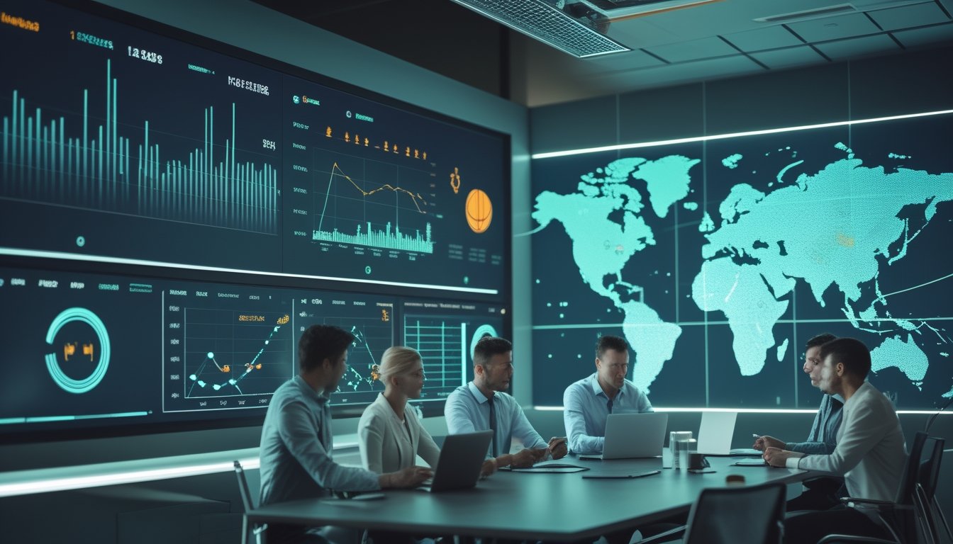 Analis pasar olahraga mempelajari grafik global dan regional di ruang kerja modern.