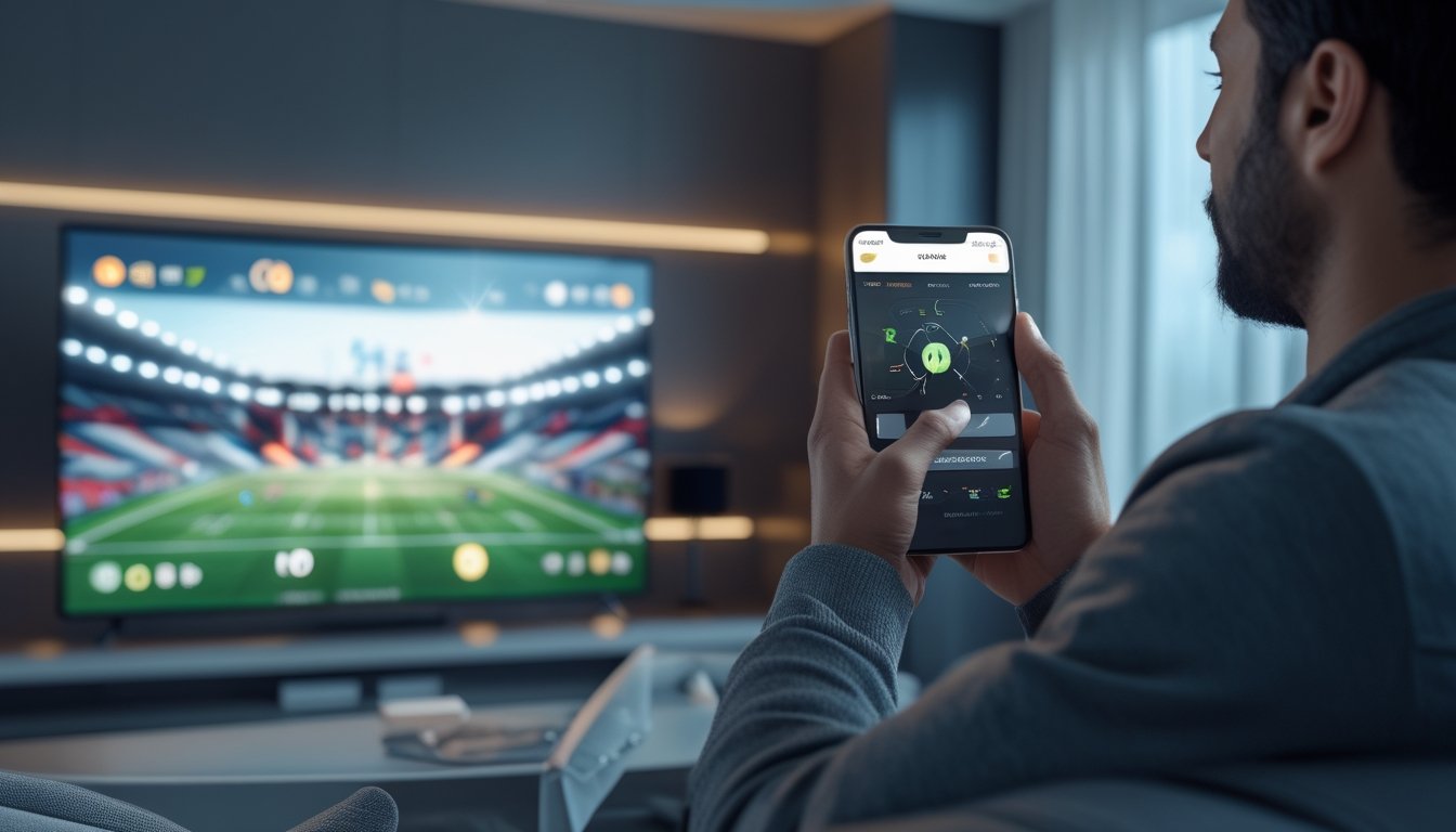 Seorang penggemar olahraga menggunakan ponsel saat menonton pertandingan sepak bola secara langsung di televisi.