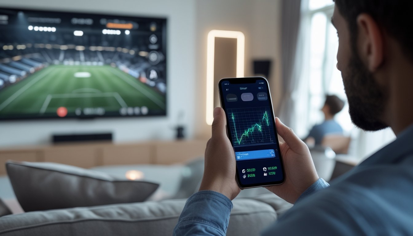 Dua orang menyaksikan pertandingan sepak bola sambil memantau informasi taruhan langsung melalui ponsel.
