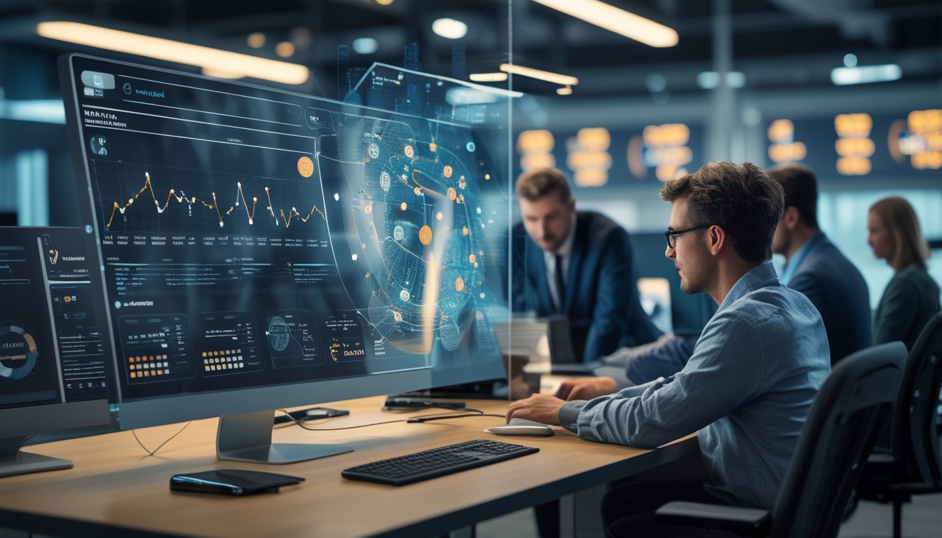Tim analis olahraga mempelajari visualisasi data prediktif berbasis kecerdasan buatan di ruang kerja modern.