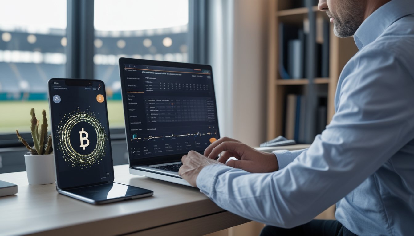 Orang dewasa menggunakan laptop dan ponsel untuk melakukan transaksi cryptocurrency terkait taruhan olahraga dengan latar stadion yang samar.