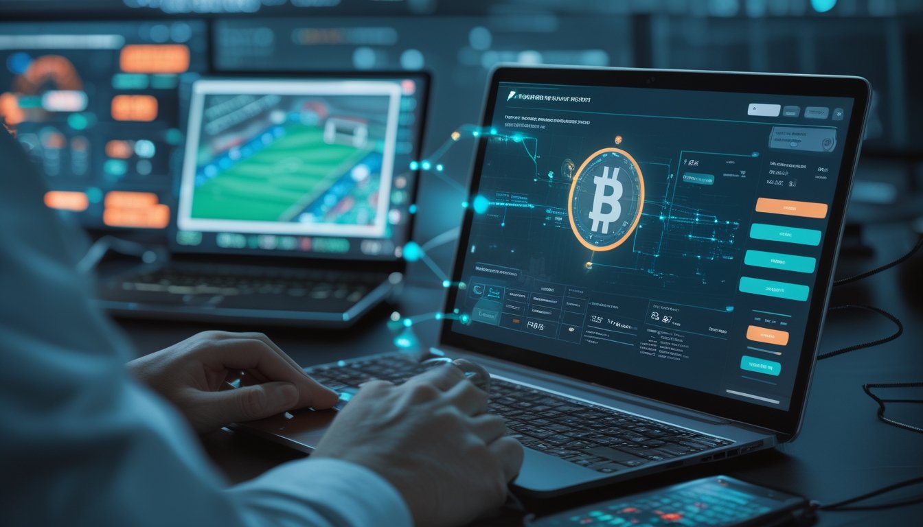 Tangan seseorang menggunakan laptop dan ponsel untuk transaksi cryptocurrency dengan latar stadion olahraga.