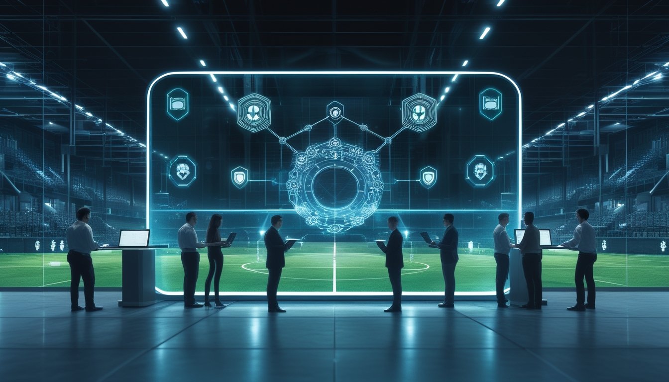 Tim analis keamanan siber bekerja dengan antarmuka holografik yang menampilkan jaringan blockchain dan perlindungan data dalam konteks taruhan olahraga.