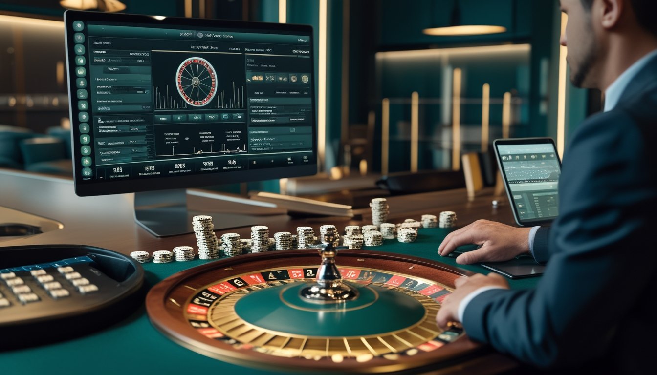 Meja kerja modern dengan roda roulette, chip, tablet, dan grafik analisis taruhan.