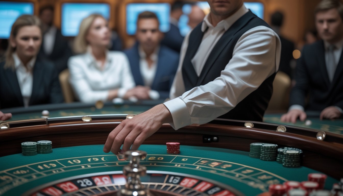 Croupier dan pemain mengamati meja roulette dengan roda, bola, dan keping taruhan.