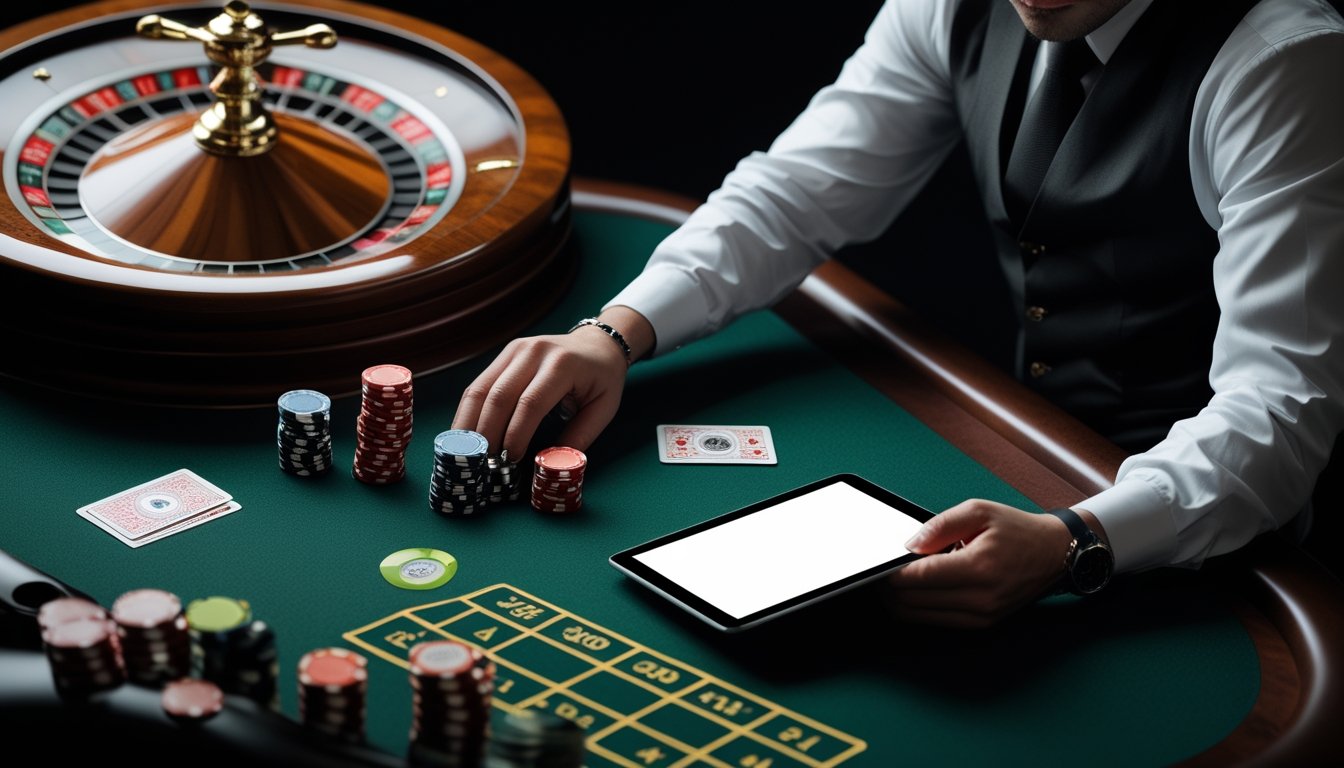 Seseorang mengamati roda roulette langsung di meja kasino dengan catatan analisis dan keping taruhan di sekitarnya.