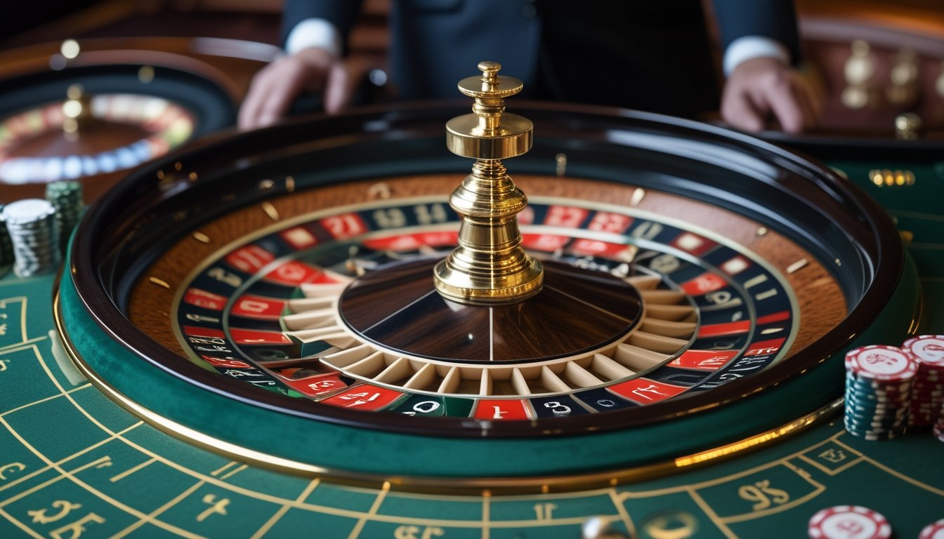 Roda roulette berputar di atas meja hijau dengan chip taruhan yang tertata.