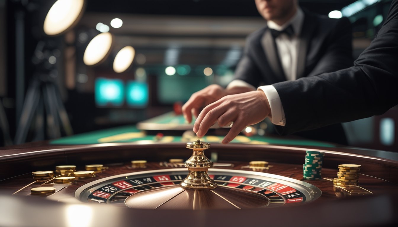 Meja roulette dengan roda roulette, chip taruhan, dan tangan bandar di studio kasino modern.