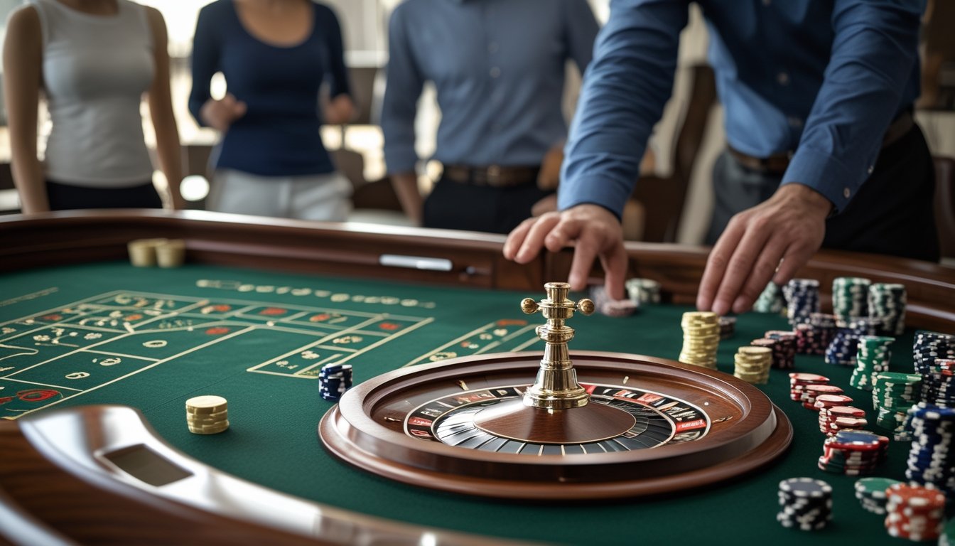 Meja roulette dengan roda roulette, keping taruhan, dan bandar yang sedang menempatkan taruhan.