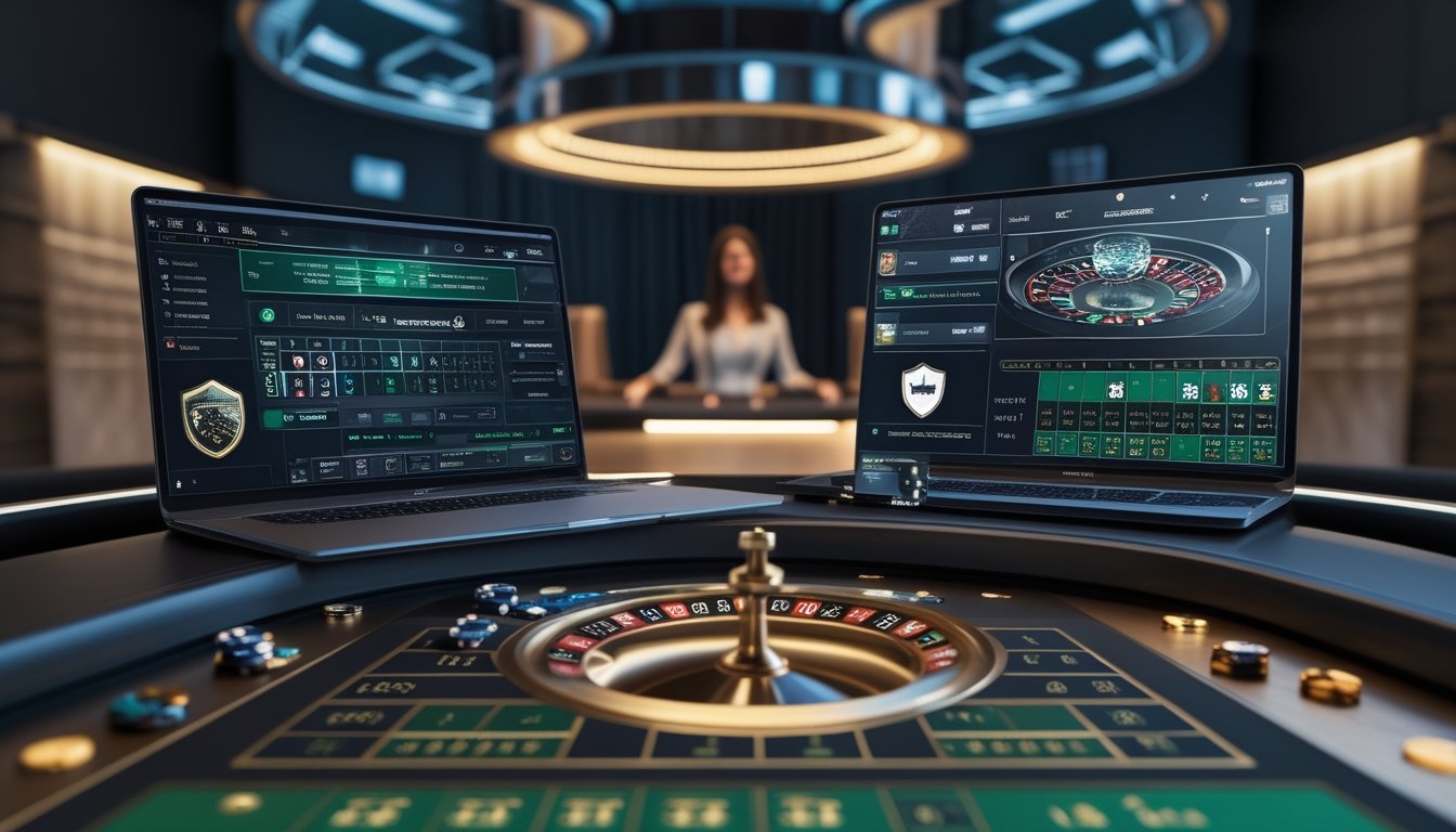 Meja kerja modern dengan meja roulette, dealer live di layar, dan perangkat digital yang menampilkan antarmuka permainan abstrak.