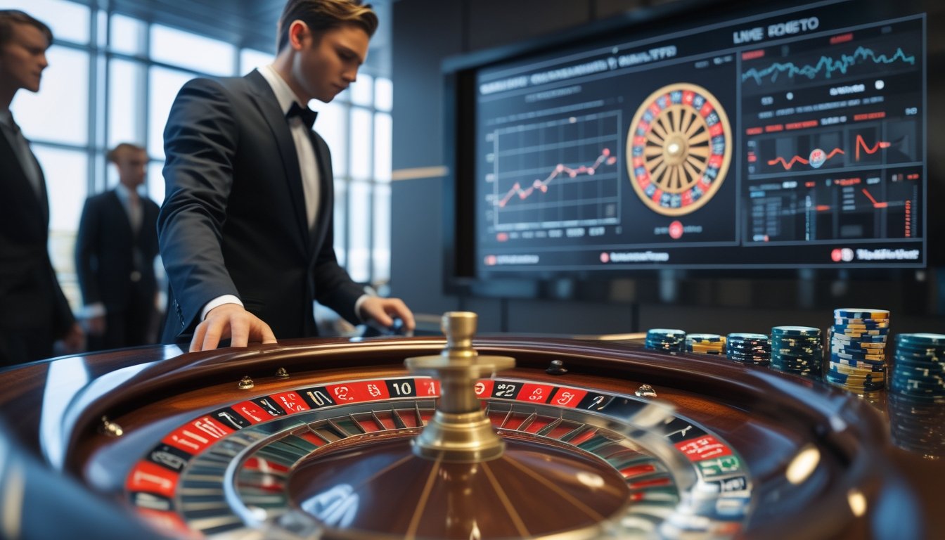 Croupier memutar roda roulette sementara pemain mengamati meja dan grafik probabilitas abstrak di kasino modern.