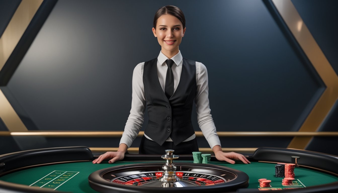 Dealer wanita profesional berdiri di belakang meja roulette dengan roda roulette dan keping taruhan.