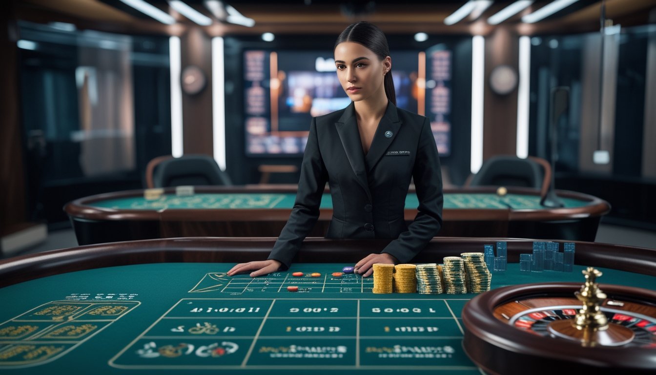 Dealer profesional memandu permainan roulette langsung di studio kasino yang modern dan aman.