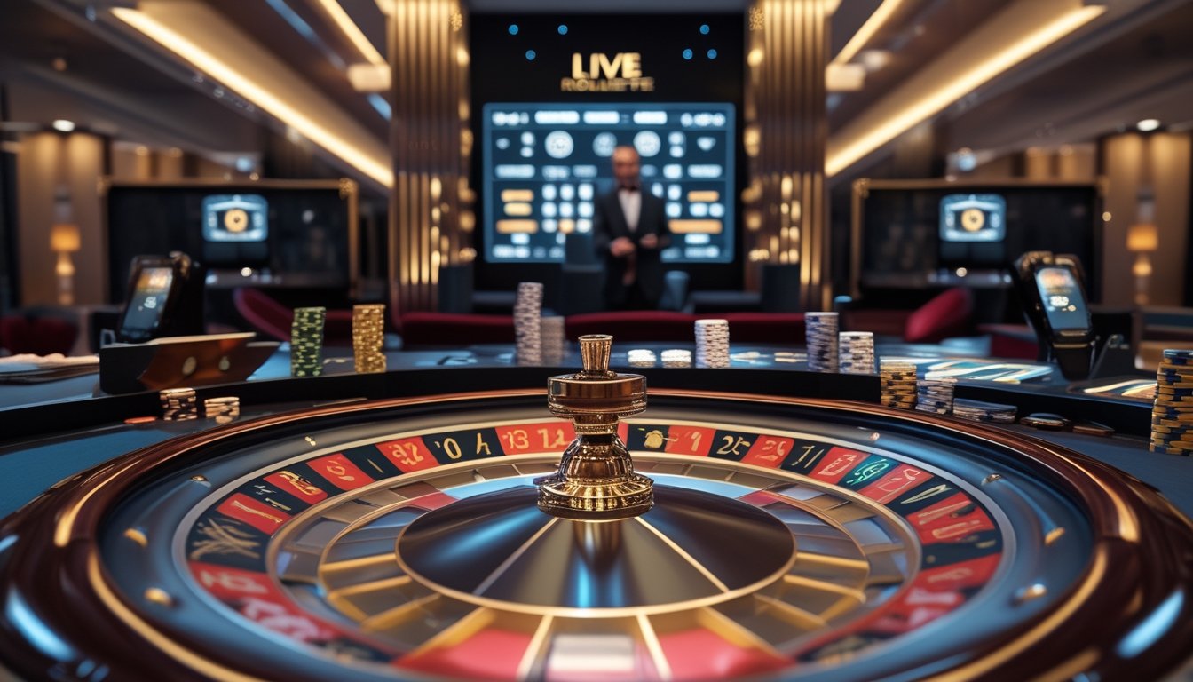 Dealer profesional memandu permainan roulette langsung di kasino modern dengan meja roulette dan sistem keamanan yang terlihat.