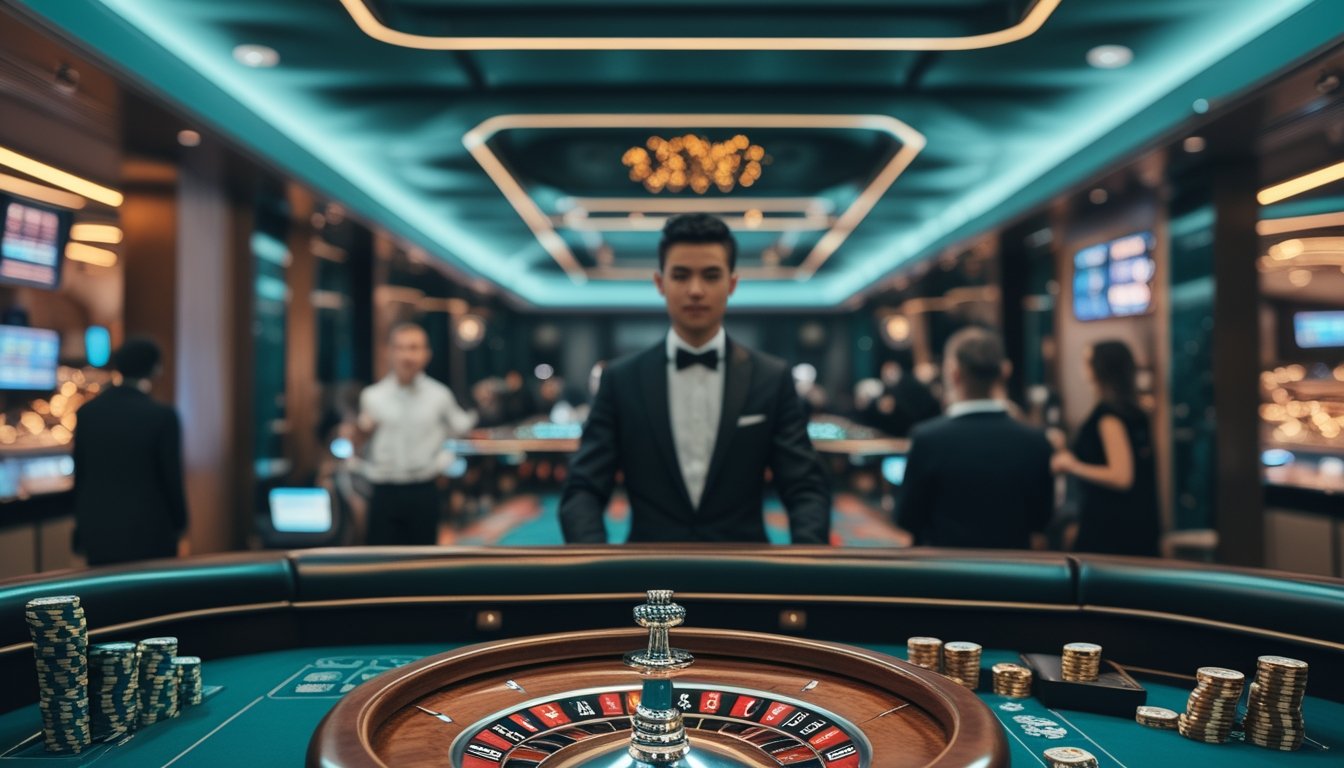 Croupier dan pemain dewasa mengamati meja roulette di kasino modern yang tertata rapi.