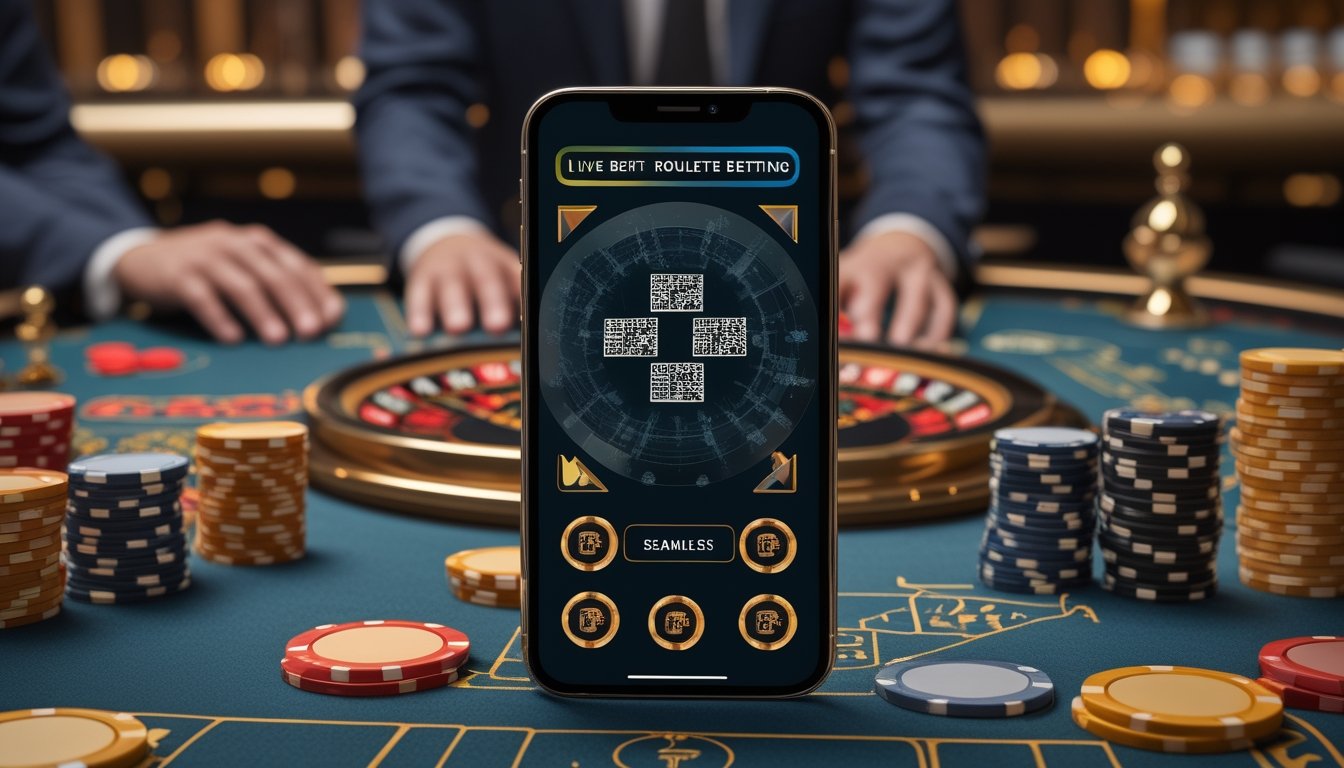 Roda roulette, keping taruhan, dan ponsel dengan tampilan pembayaran digital di lingkungan kasino modern.