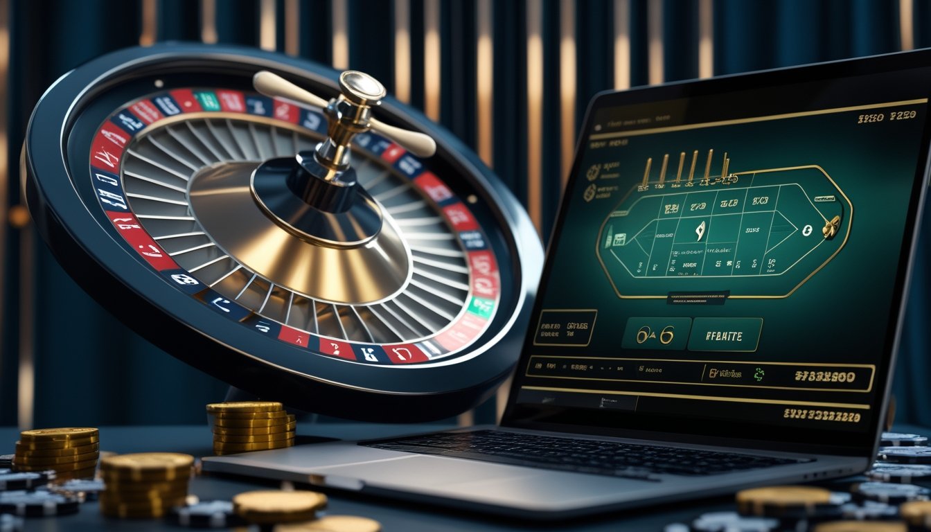 Roda roulette, laptop, dan ponsel menampilkan suasana permainan kasino langsung.