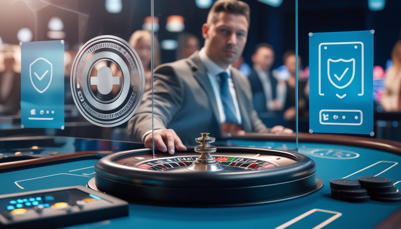 Dealer memutar roda roulette di studio modern dengan simbol keamanan, lisensi, dan keadilan.