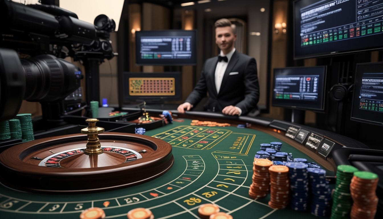 Dealer memandu permainan roulette di studio kasino dengan beberapa kamera profesional.