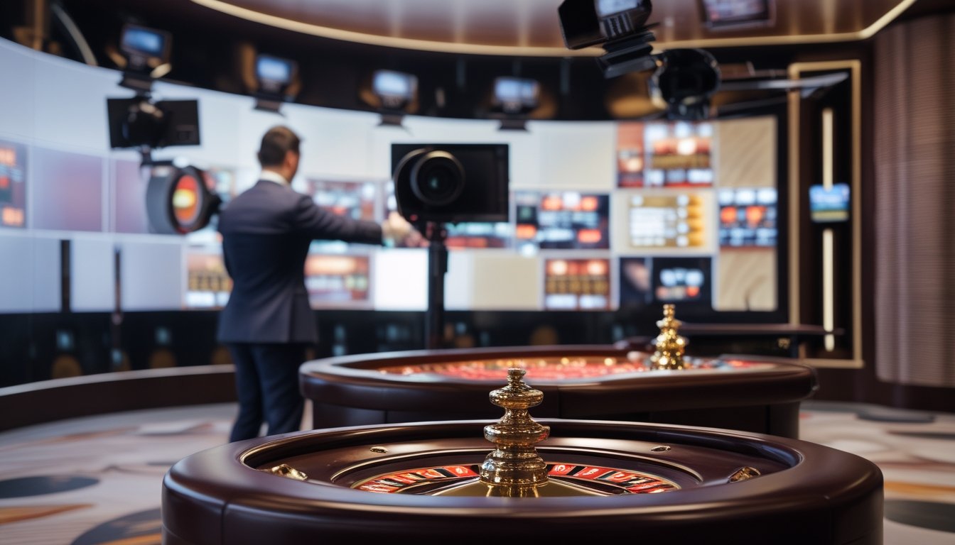 Dealer memandu permainan roulette di studio kasino dengan beberapa kamera dan layar yang menampilkan sudut pengambilan gambar berbeda.