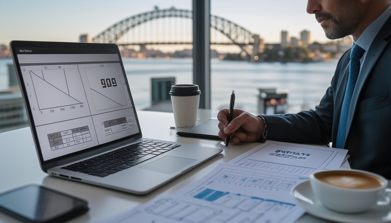 Analis memeriksa grafik dan jadwal di meja kerja dengan latar kota Sydney.
