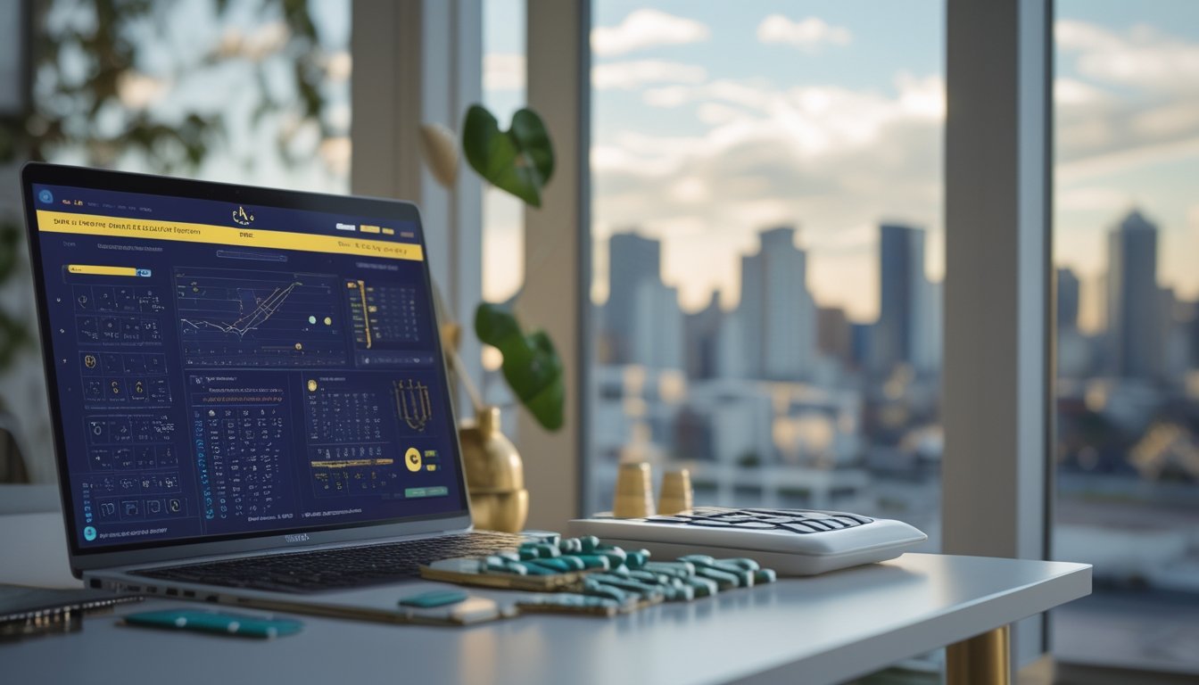 Meja kerja modern dengan laptop berisi grafik abstrak, kalkulator, keping bernomor, dan pemandangan kota Sydney dari jendela.