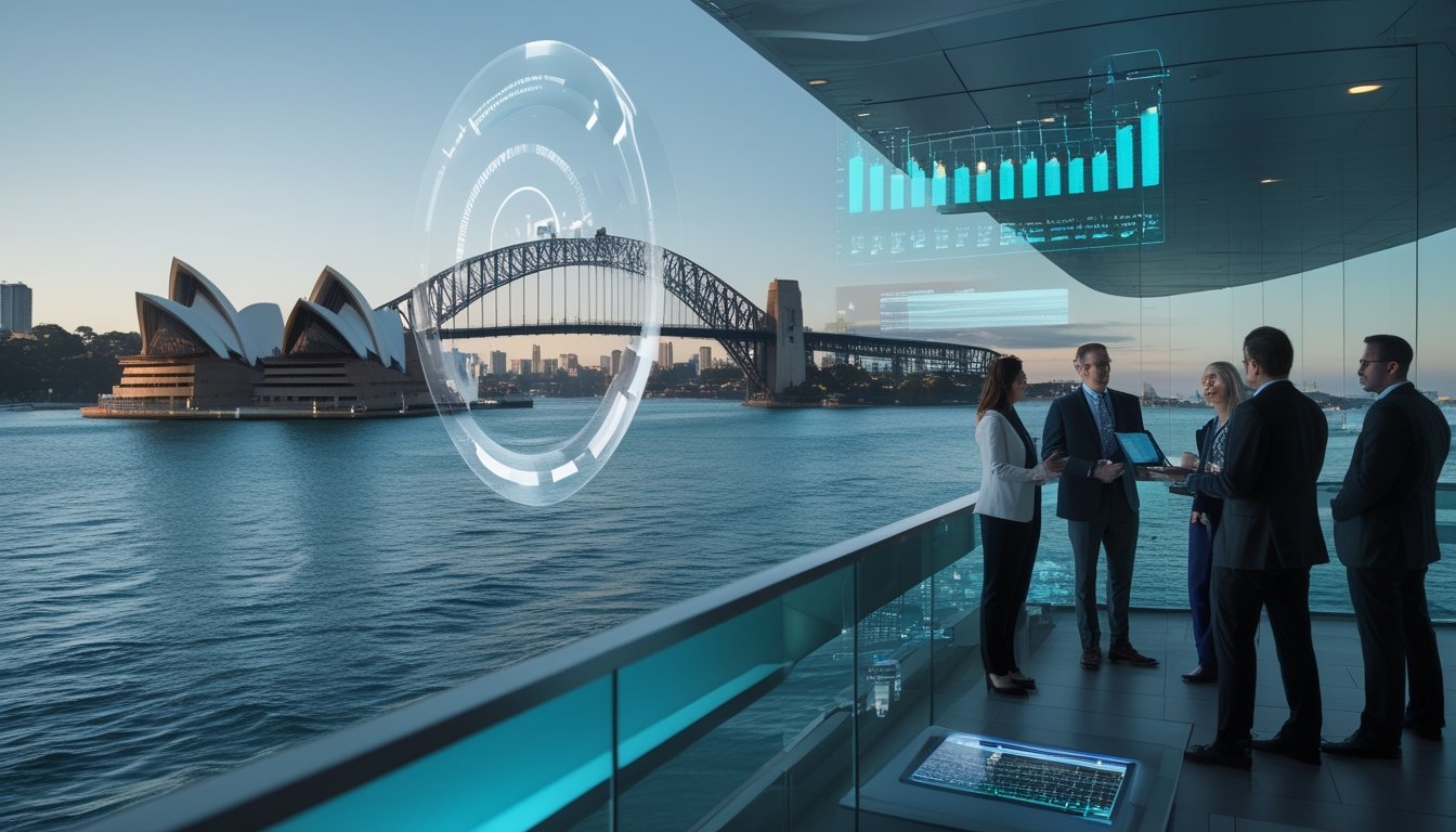 Analis profesional bekerja dengan visualisasi data abstrak di depan pemandangan Sydney dan pelabuhannya.