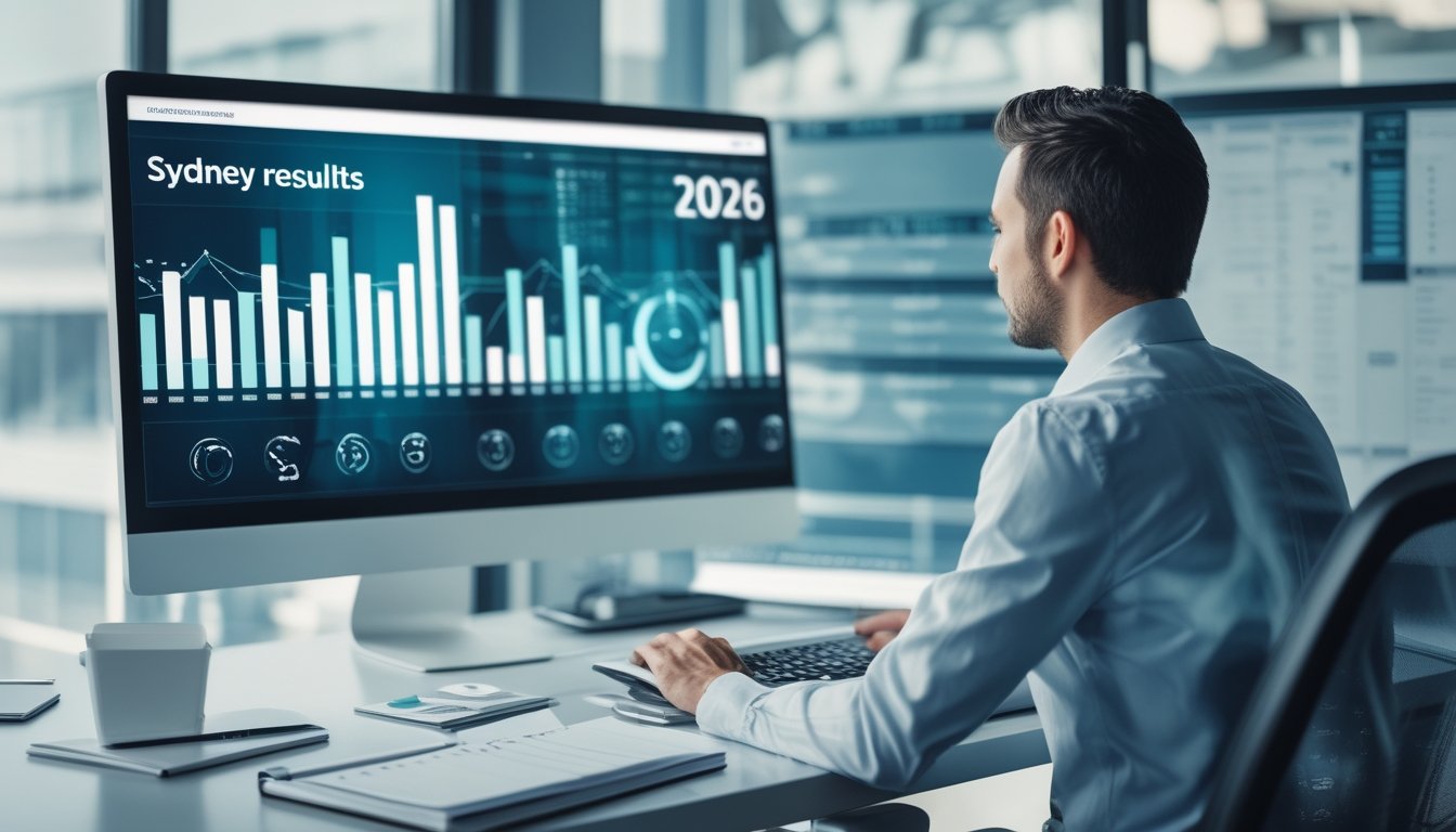 Seorang analis meninjau grafik data abstrak pada monitor di ruang kerja modern.