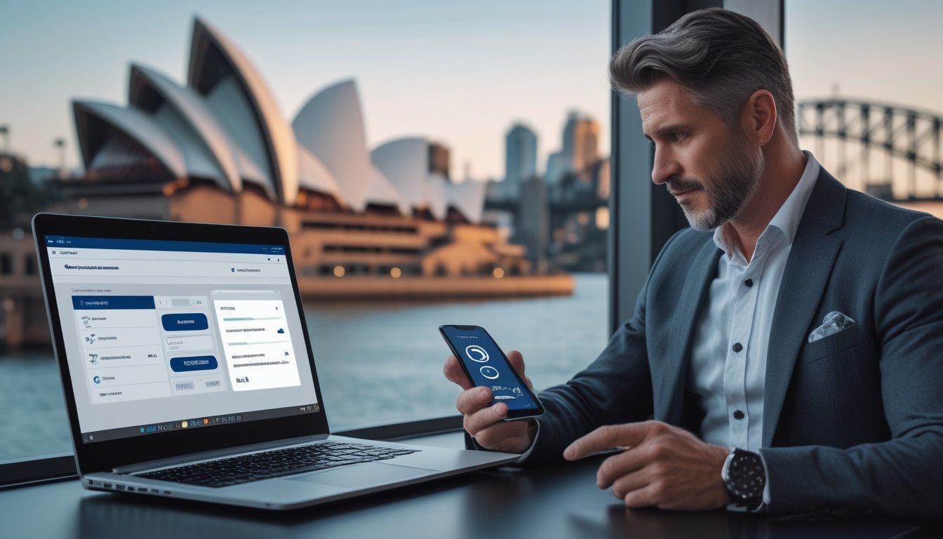 Seorang profesional memeriksa konfirmasi pembayaran digital dengan latar belakang pemandangan kota Sydney.