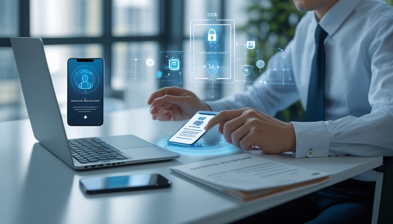 Seseorang sedang melakukan verifikasi identitas digital menggunakan laptop dan ponsel di meja kerja.