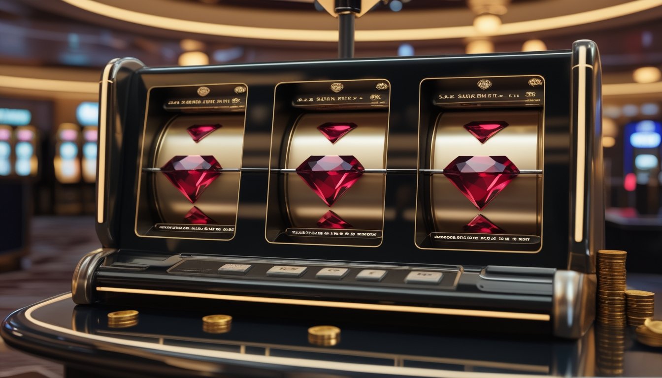 Mesin slot bertema tiga berlian merah di lingkungan kasino modern dengan koin dan keping di bagian depan.