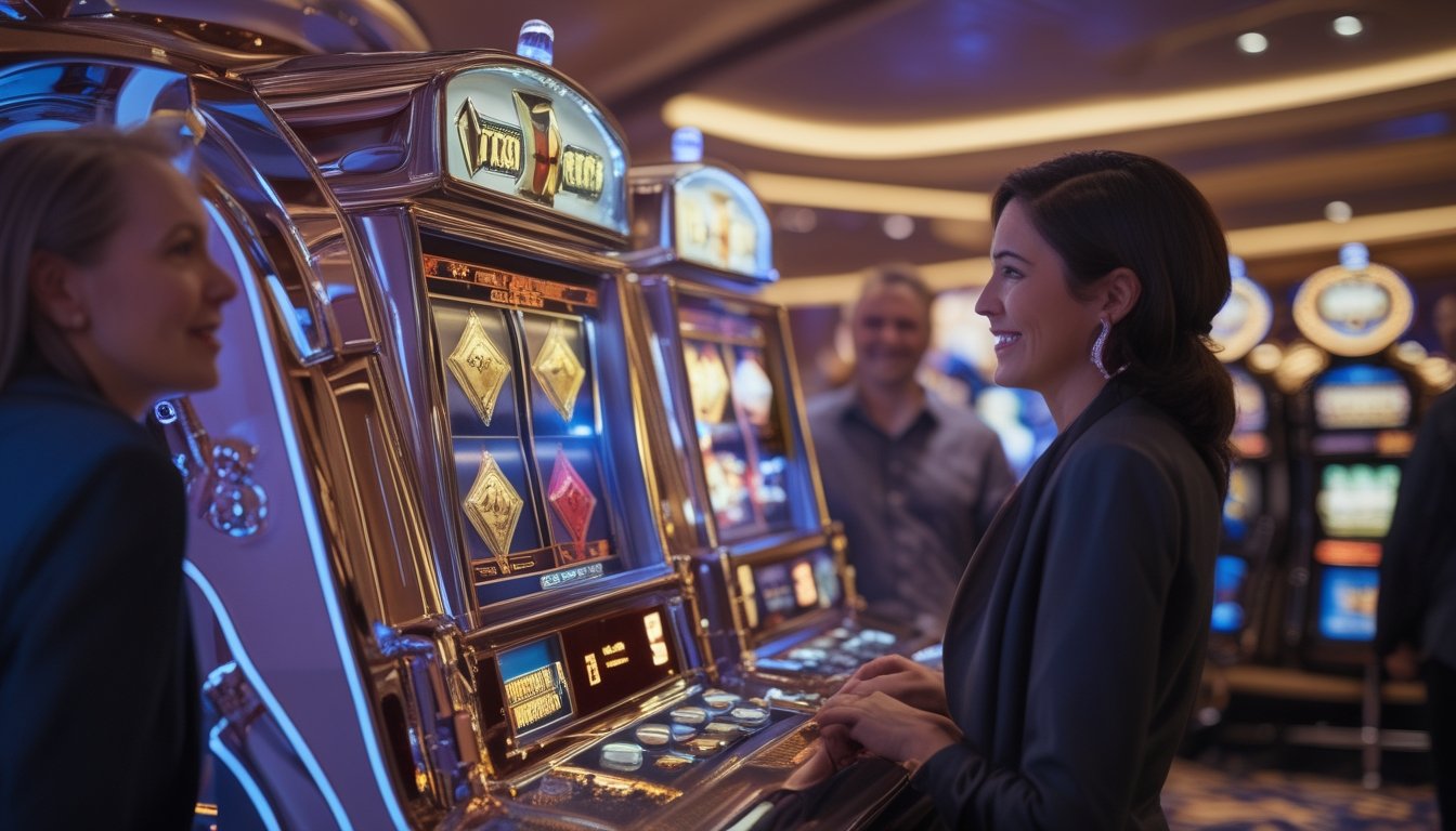 Mesin slot berlambang berlian di kasino modern dengan beberapa orang dewasa di latar belakang.